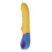 Yellow silicone G-spot vibrator with ribbed shaft and blue handle featuring purple accent and ergonomic design.