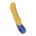 Yellow silicone G-spot vibrator with ribbed shaft and blue ergonomic handle with control buttons.