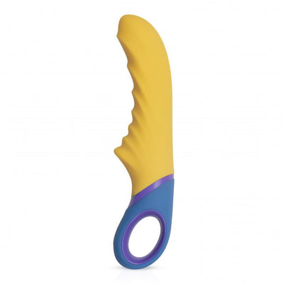 Yellow silicone G-spot vibrator with textured shaft and blue handle featuring a circular grip ring.