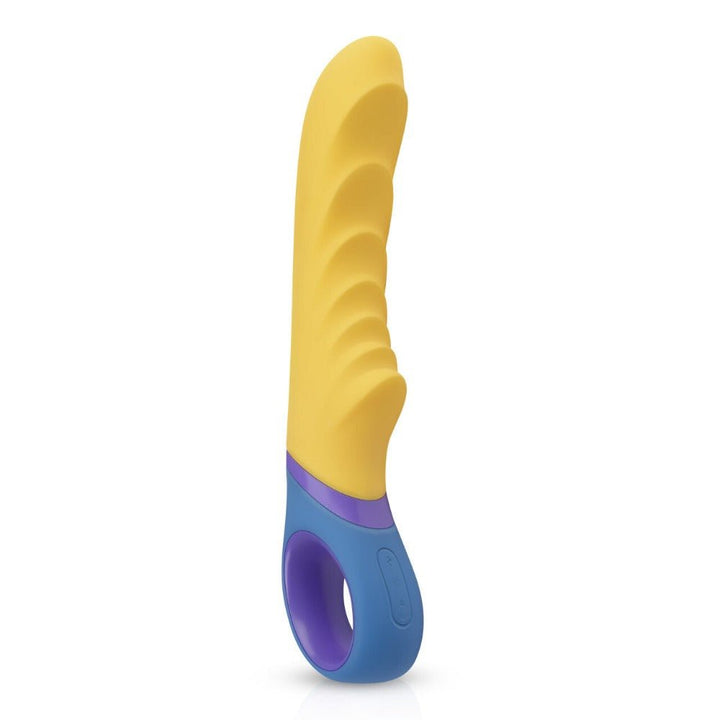 Yellow silicone G-spot vibrator with ribbed shaft and blue handle featuring control buttons and finger loop.