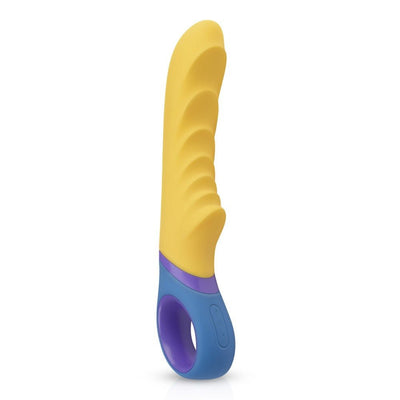 Yellow silicone G-spot vibrator with ribbed shaft and blue handle featuring control buttons and finger loop.