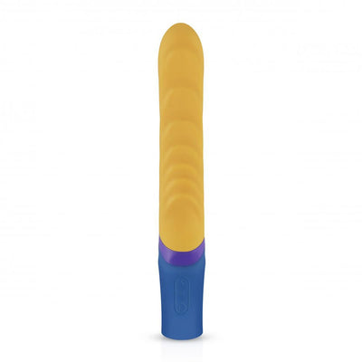 Yellow silicone G-spot vibrator with ribbed shaft and blue handle featuring control buttons.