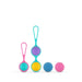 Multicolor PMV20 Vita Kegel ball set with single and double holders and four silicone balls in purple, yellow, blue, and pink.
