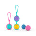 Multicolor PMV20 Vita Kegel Ball Set with single and double holders and additional weighted silicone balls for pelvic floor training.