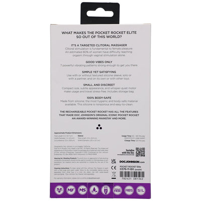 Back packaging of the Pocket Rocket Elite rechargeable bullet showing product features, usage instructions, and safety information.