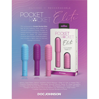 Pocket Rocket Elite rechargeable mini vibrators in sky blue, purple, and pink with removable textured silicone sleeves and packaging.