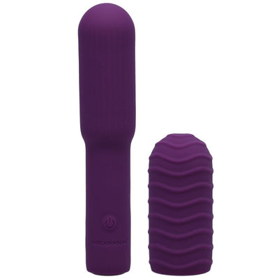 Purple rechargeable bullet vibrator with removable textured silicone sleeve by Doc Johnson.