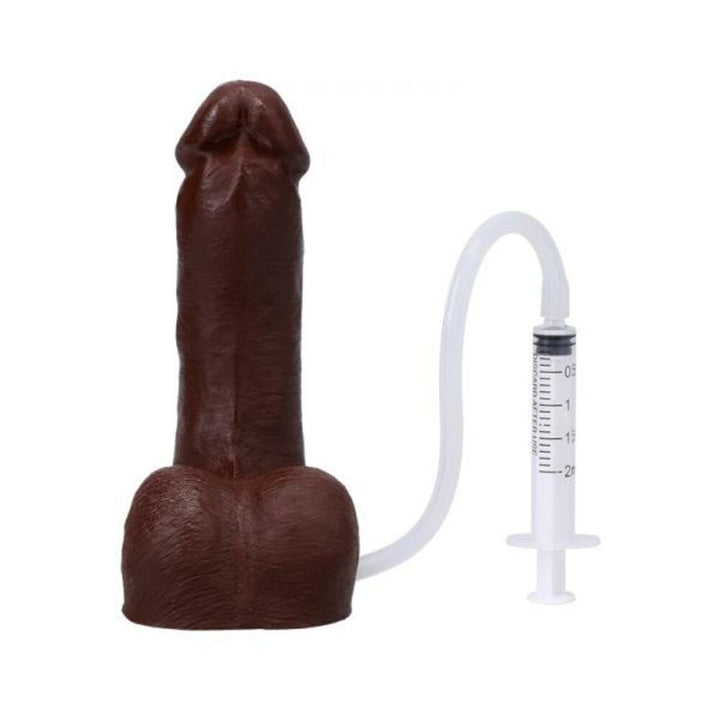 Dark brown realistic packer with attached clear tubing and syringe for squirting feature by Tantus.