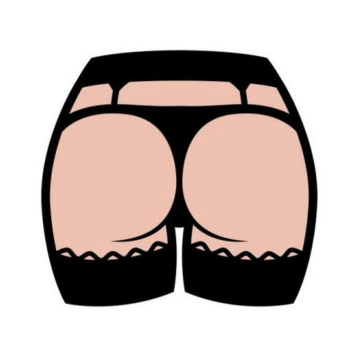 Stylized enamel lapel pin of a butt wearing black garter belt and stockings with scalloped edges.