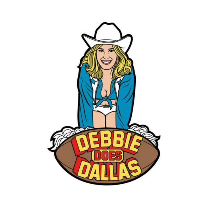 Colorful enamel pin featuring a smiling woman in a cowboy hat and blue outfit above a football with Debbie Does Dallas text.