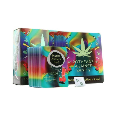 Potheads Against Sanity card game set with colorful psychedelic design, including question and answer cards and an 8-sided die.