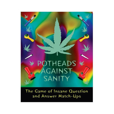 Colorful Potheads Against Sanity game box with a large cannabis leaf and smoking accessories on a vibrant background.