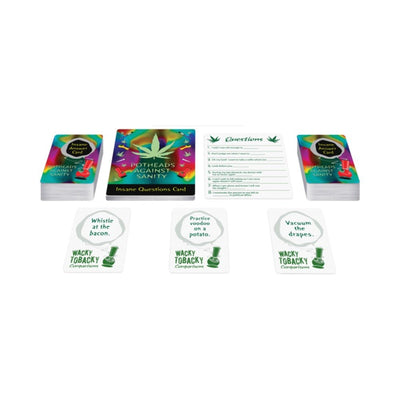Pothead Against Sanity card game with colorful question and answer decks and example answer cards displayed on white background.