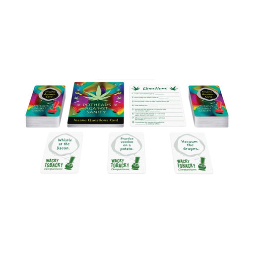 Pothead Against Sanity card game with colorful question and answer decks and example answer cards displayed on white background.