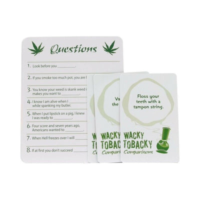 Pothead Against Sanity game cards featuring question prompts and humorous answer cards with green cannabis leaf and bong illustrations.