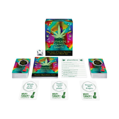 Potheads Against Sanity card game with colorful box, question and answer cards, and an 8-sided die displayed on white background.