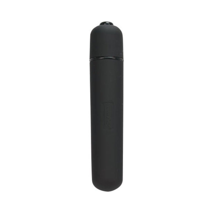Compact black mini vibrator with smooth soft-coat finish and one-touch button on a white background.