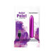 Compact metallic pink rechargeable bullet vibrator with USB charging cable in branded packaging with purple watercolor design.