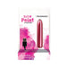 Rechargeable pink bullet vibrator with pointed tip and USB charging cable in colorful pink-themed packaging.