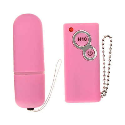 Compact pink wireless bullet vibrator with matching remote control featuring power and mode buttons.