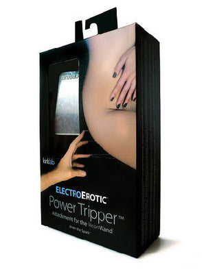 Packaging of the ElectroErotic Power Tripper attachment for the Neon Wand showing a hand reaching towards a bare back.