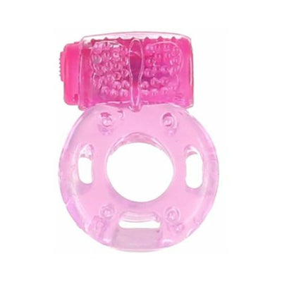 Pink butterfly-shaped vibrating silicone cock ring with textured surface and adjustable band.