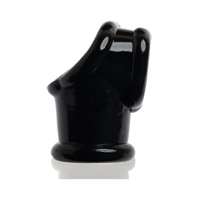 Glossy black flexible Powersling cocksling and ballstretcher with a unique sling design on a white background.