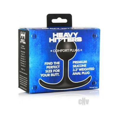 Packaging box for Heavy Hitters Premium Silicone Weighted Anal Plug in small size with blue background and product silhouette.