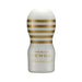White and gold Premium Tenga Original Vacuum Cup Gentle with horizontal stripes and ergonomic shape.