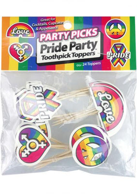 Pack of 24 Pride-themed toothpick toppers with rainbow designs including love, peace, and pride symbols.