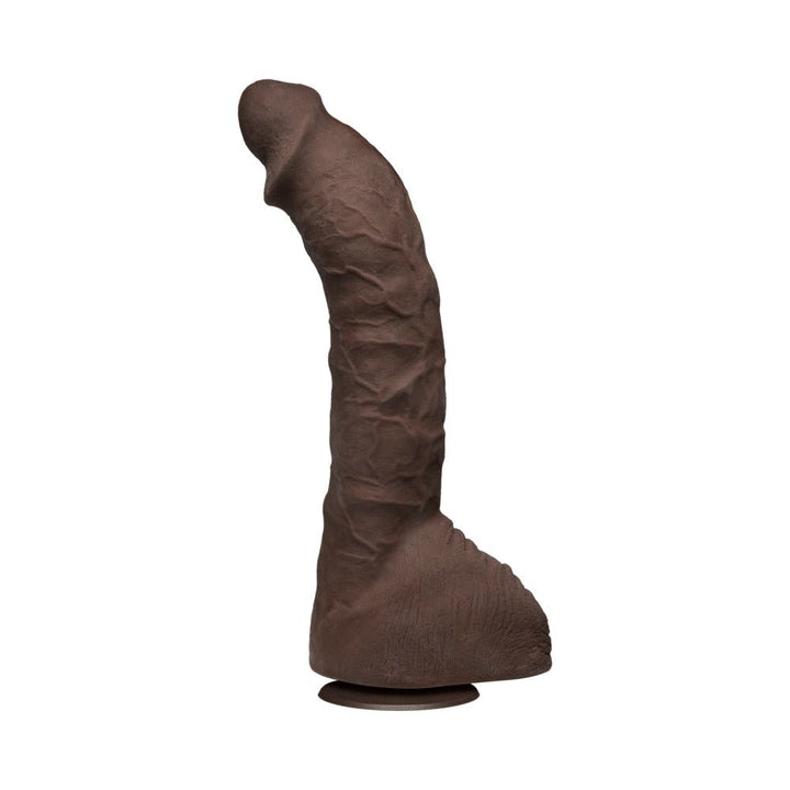 Realistic 10.5-inch brown dildo with detailed texture and suction cup base, made from lifelike Ultraskyn material.
