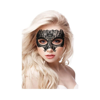 Blonde woman wearing an elegant black lace half-mask with intricate Venetian-inspired design and ribbon ties.