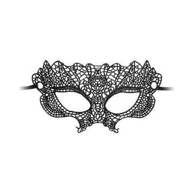 Black lace Venetian-style half mask with intricate floral patterns and ribbon ties for secure wear.
