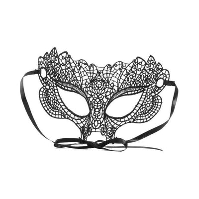 Black lace Venetian-style half mask with intricate floral patterns and satin ribbon ties for secure fit.