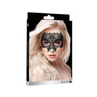 Packaging of Princess Black Lace Mask featuring a blonde model wearing an intricate black lace half-face mask.