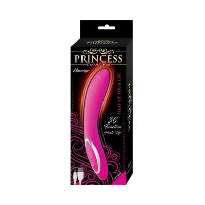 Packaging of Princess Dynamic Heat G-spot vibrator in pink with 36 functions and USB charging cable illustration.