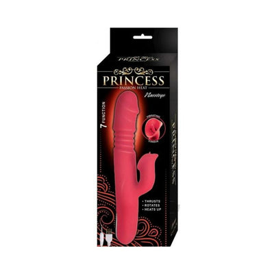 Nasstoys Princess Passion Heat silicone vibrator in pink with dual motors, USB rechargeable, and heating functions shown in black packaging.