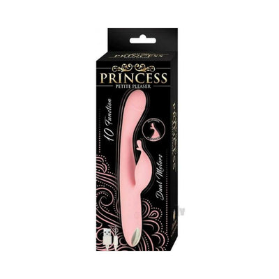 Pink Princess Petite Pleaser dual-motor rabbit vibrator in black packaging with USB charger and 10 vibration functions.