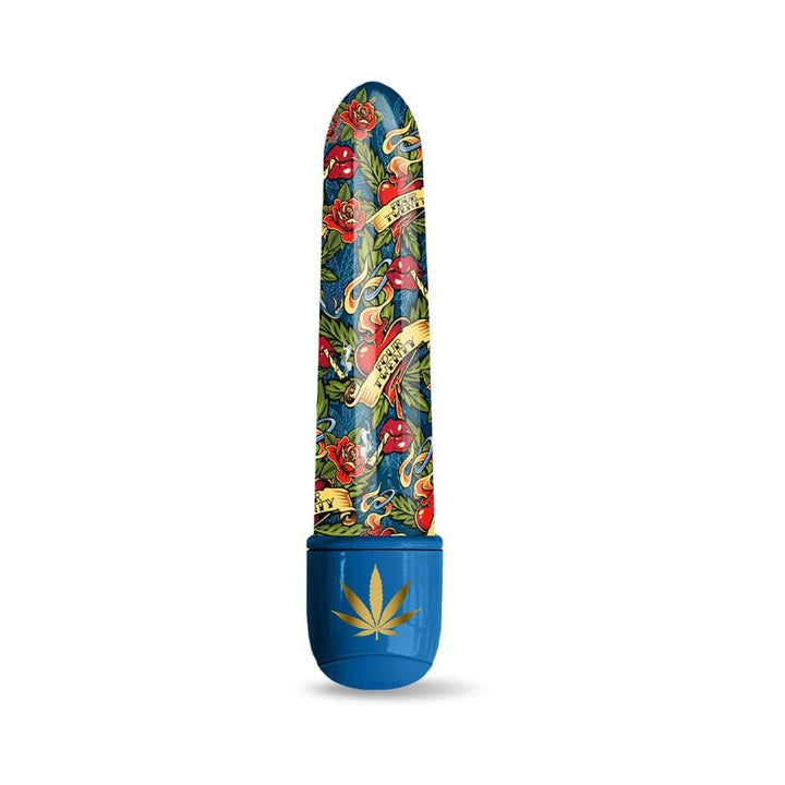 Compact 5-inch mini vibe with colorful cannabis-themed tattoo-style design and blue base featuring a gold leaf emblem.
