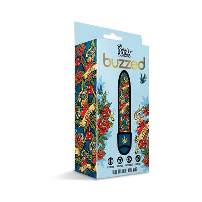Packaging of Prints Charming Buzzed 5-inch mini vibe with colorful cannabis-themed floral and tattoo-style design on light blue background.