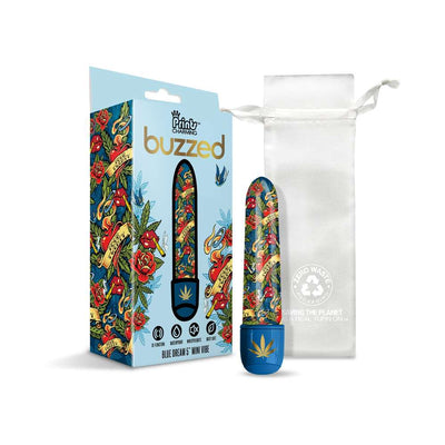 Prints Charming Buzzed 5-inch mini vibe with colorful cannabis-themed design, packaging, and white storage pouch.