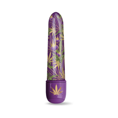Purple 5-inch mini vibrator with gold cannabis leaf and heart crown patterns, featuring a sleek, compact design.