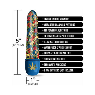 5-inch mini vibrator with vibrant cannabis-themed design and blue base featuring a gold leaf, shown with key features and dimensions.