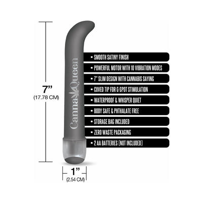 7-inch slim gray vibrator with curved tip, cannabis design, and features listed including waterproof and 10 vibration modes.