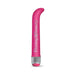 Slim pink G-spot vibrator with curved tip and Blazing Beauty cannabis-themed logo on white background.