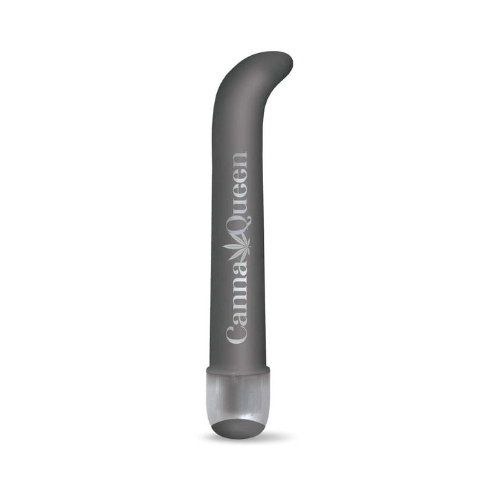 Slim gray 7-inch G-spot vibrator with curved tip and cannabis-themed "CannaQueen" logo on white background.