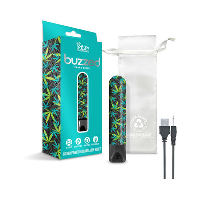 Rechargeable 3.5-inch bullet vibrator with colorful cannabis leaf print, USB charging cable, and white storage pouch.