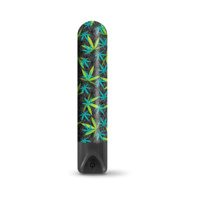 Compact black bullet vibrator with vibrant green and blue cannabis leaf pattern and power button at base.