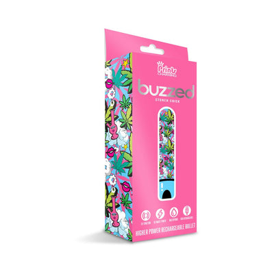 Bright pink box packaging for Prints Charming Buzzed rechargeable bullet vibrator with colorful cannabis-themed design.