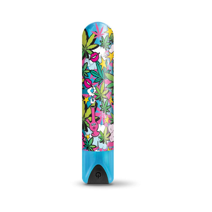 Compact blue bullet vibrator with colorful cannabis leaf and star pattern and black power button at base